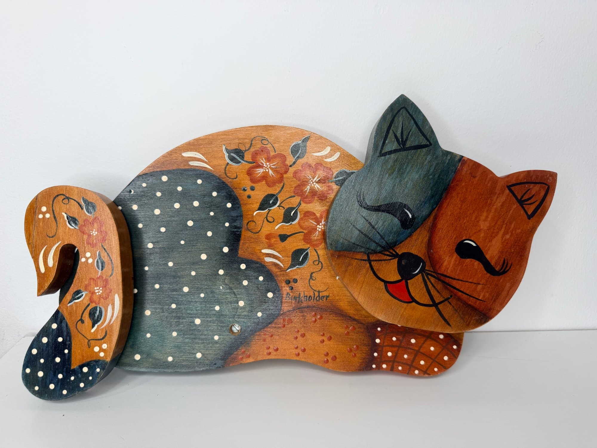 Vintage hand painted wooden cat wall decor art