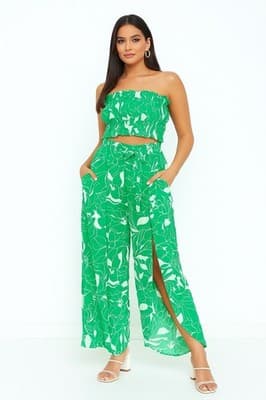 club z collection Green Floral Tropical Outfit Size L Split Pants And Halter Top