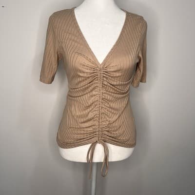Wearever Top Womens Large Beige Short Sleeve Ruched Polyester Blend