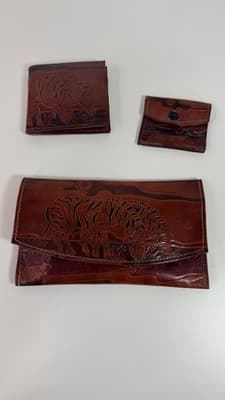 Vintage Hand Tooled Leather Zebra Embossed Wallet 3 Piece Set