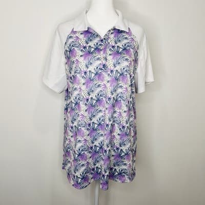 Women’s Polo Purple N Blue Floral Top Golf Bermuda Sands Collared Shirt Size XL