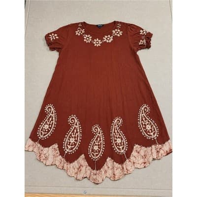 Just Love Rust Brown Lightweight Boho Top with Cream Stitching