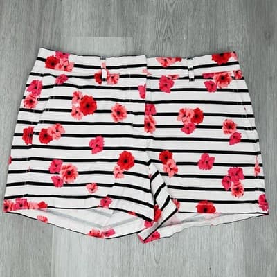 Elle Venice White Shorts With Flowers & Black Stripes Size 8
