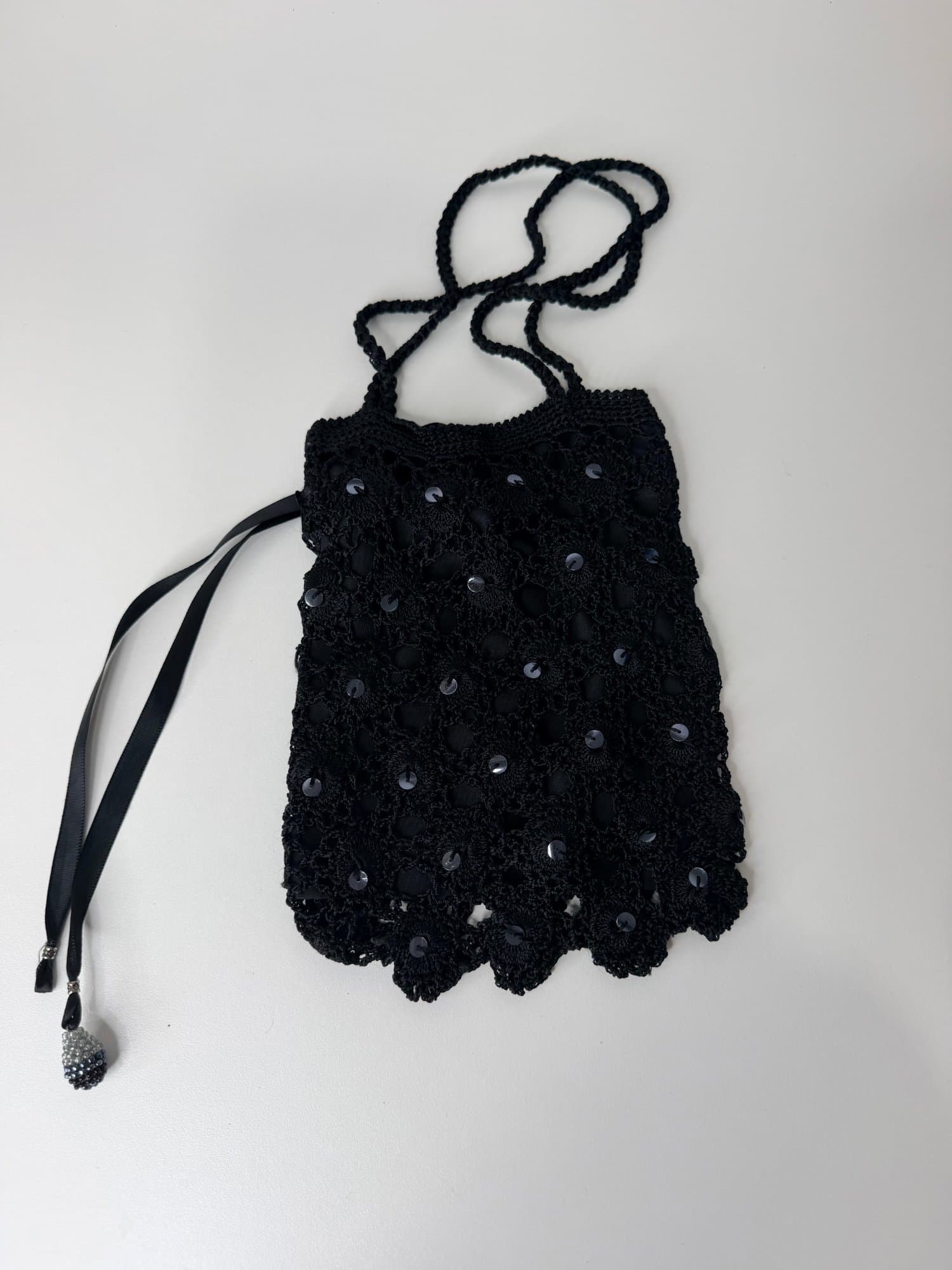 Black crochet sequin evening pouch bag