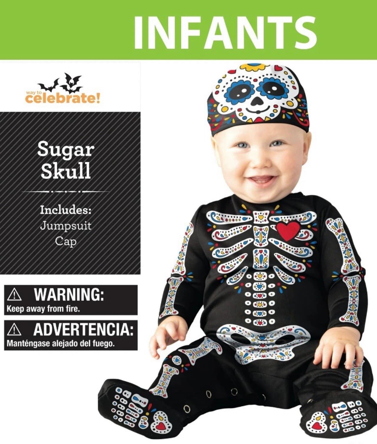 Way to Celebrate Sugar Skull infant halloween cosplay costume jumpsuit and cap 6-12mo