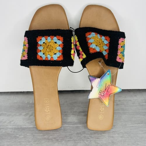 Love 83 Flip Flops Black Crochet Size 10