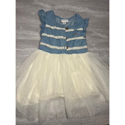Calvin Klein denim blue dress 4T button up tulle skirt with ruffle sleeves