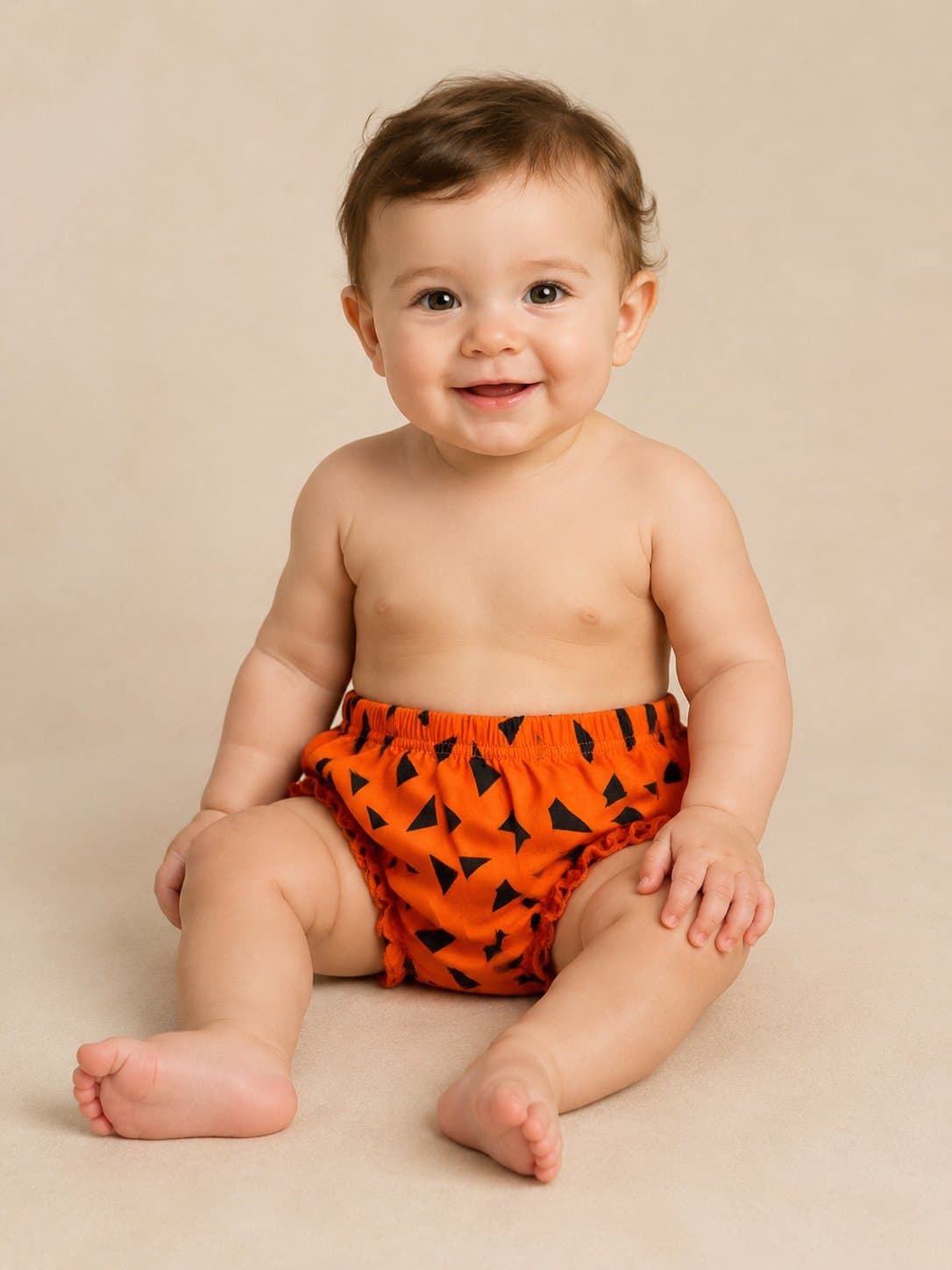 Orange print baby bloomers with ruffle trim The Flintstones halloween cosplay costume 12-18 months