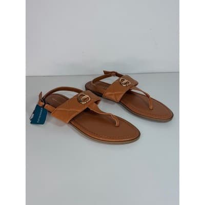 AEROSOLES Cognac/Tan Leather Thong Sandals with Gold Buckle