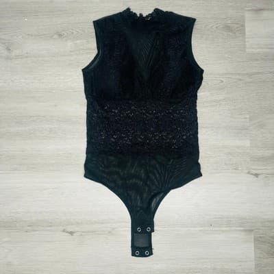 Black floral lace sheer bodysuit top