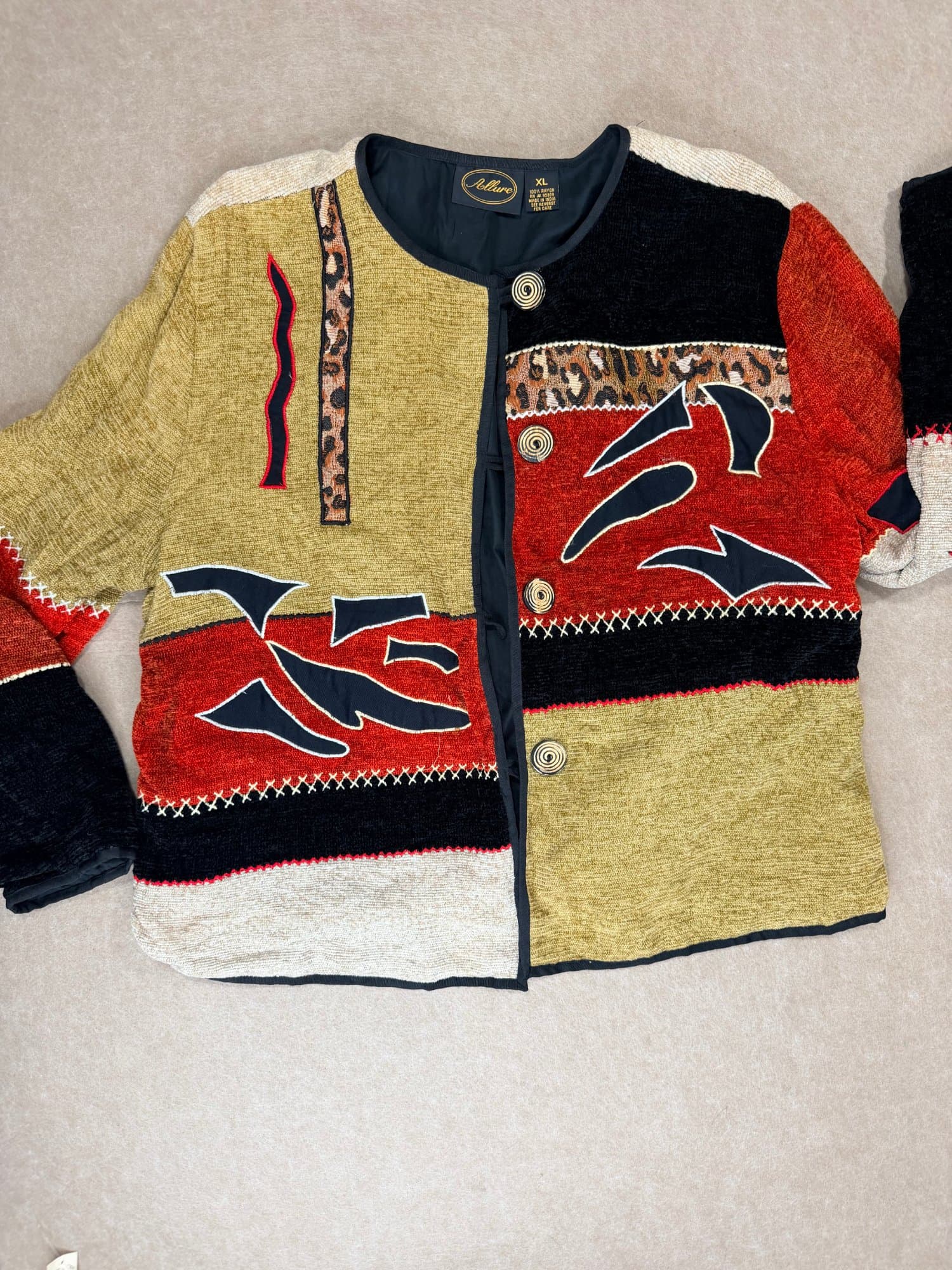 Vintage Allure Colorblock Chenille Jacket with Leopard Trim size XL