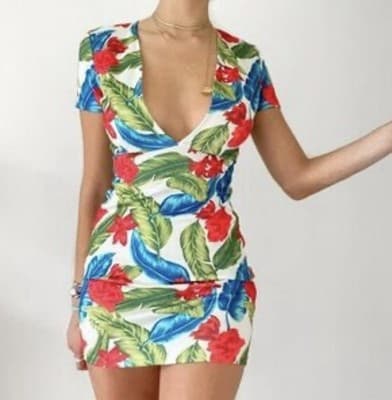 NWT Forever 21 Red White Green Topical Mini Dress With V Neck Size Small.