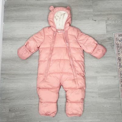 Pink Baby Gap Fleece Lined Zip Up Snowsuit Water Resistant Puffer Hooded Jacket