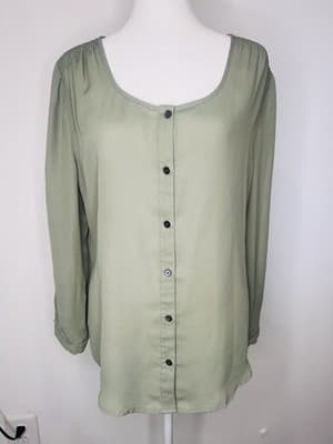 Land's End Green Button Blouse Size 10 Round Neck Smock Shoulder 3/4 sleeve