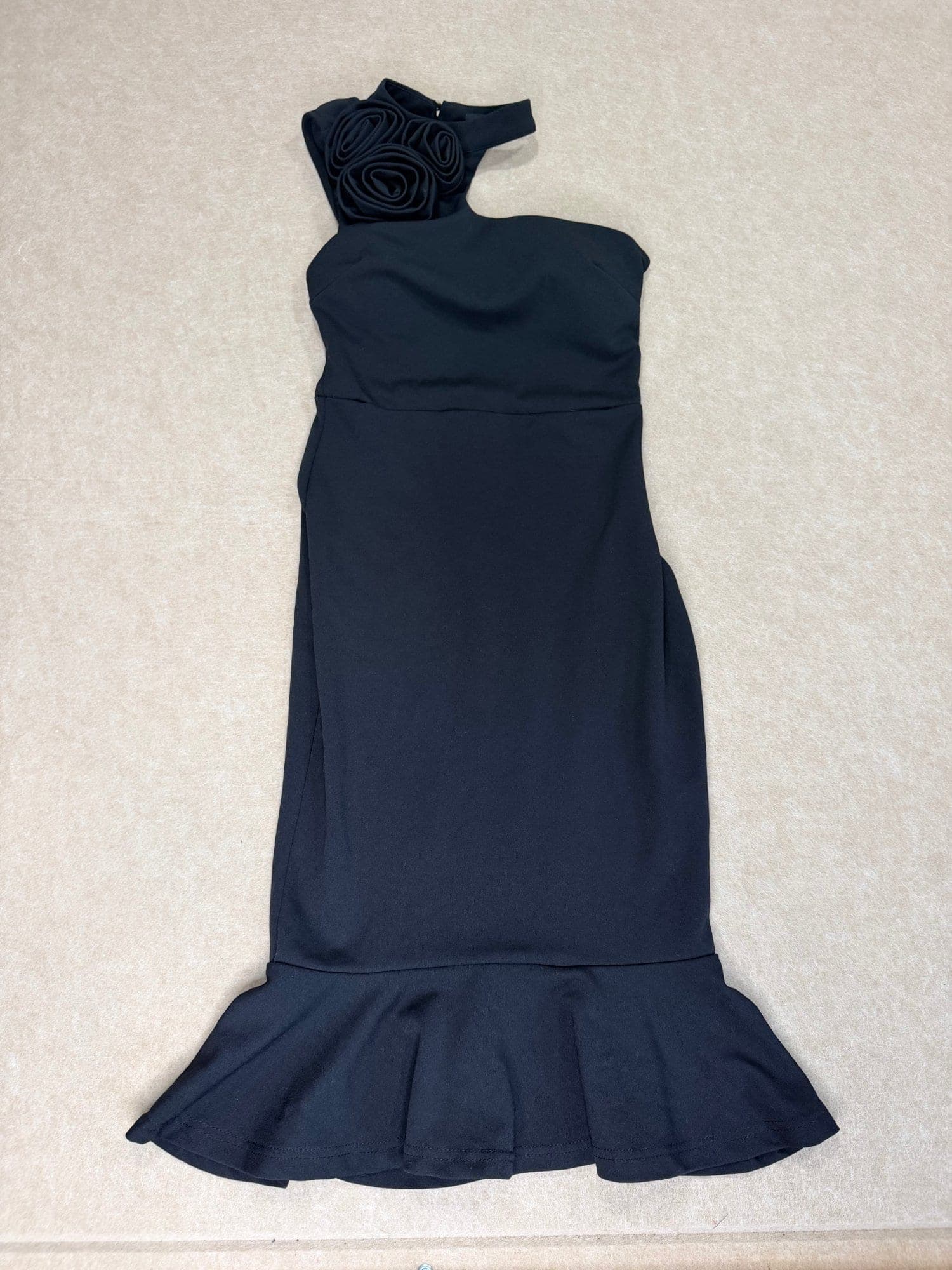 J.OUR one shoulder rosette black dress with flounce hem size S