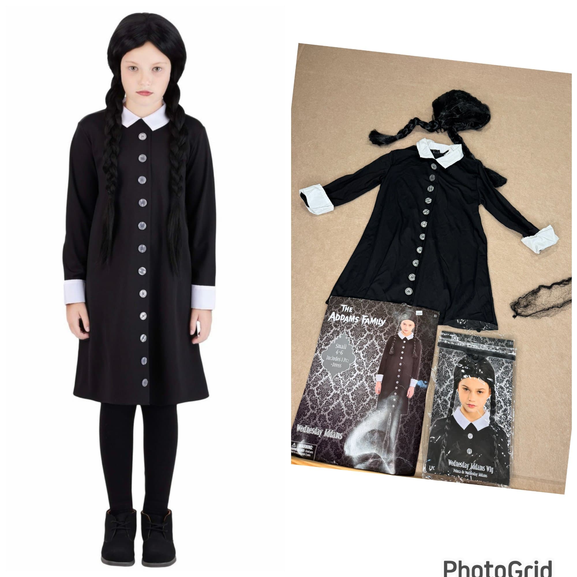 The Addams Family Wednesday Addams halloween cosplay costume dress and wig set size S 4-6
