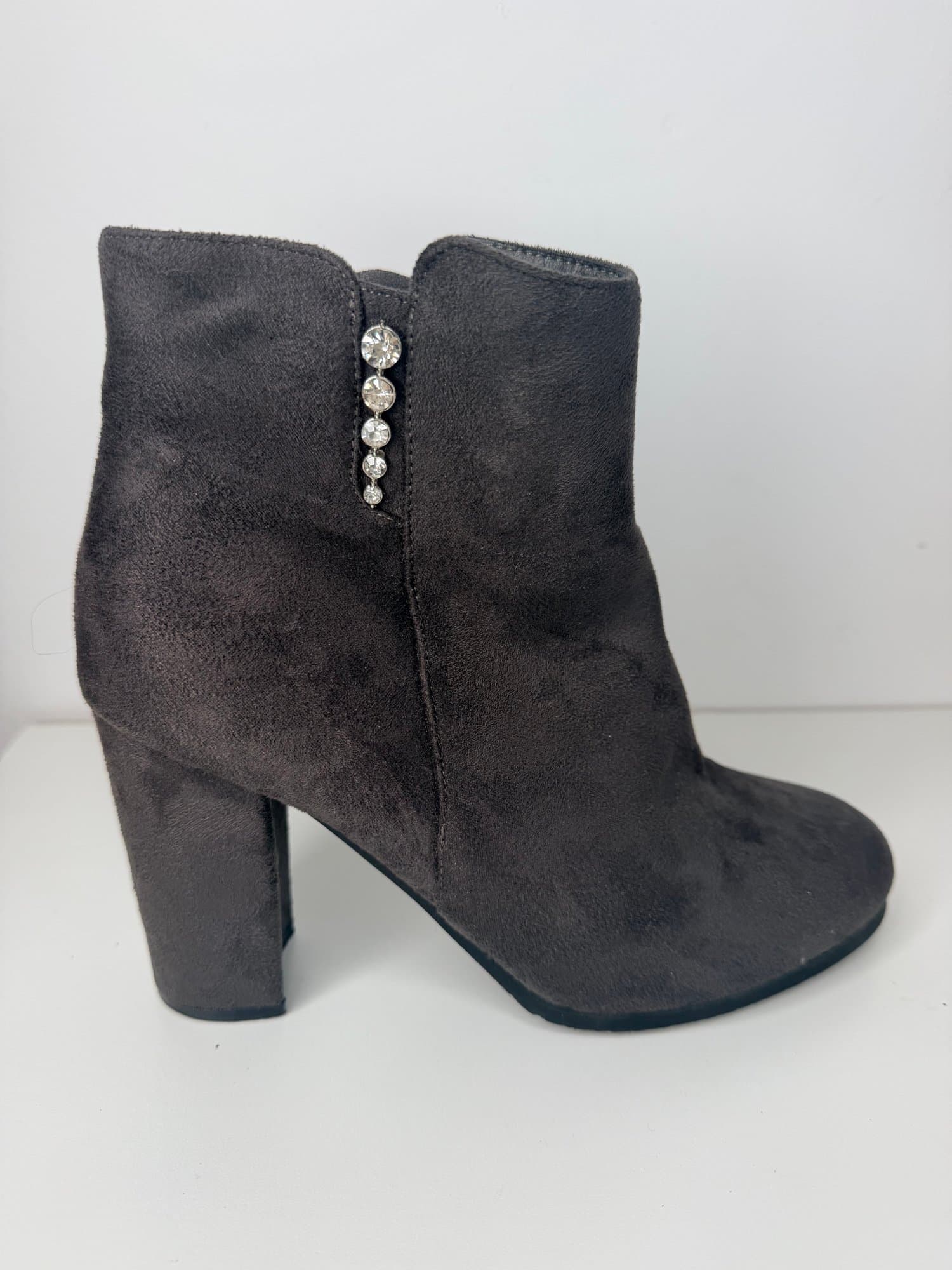 Grey faux suede ankle boots with rhinestone trim size 8