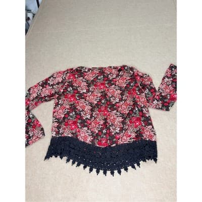 Xhilaration Red & Black Paisley Floral Top with Crochet Hem