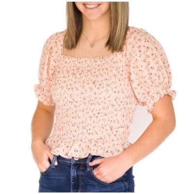 Sienna Sky Floral Pink Ruffle Blouse Crop Top Tiny flowers ruffle sleeves