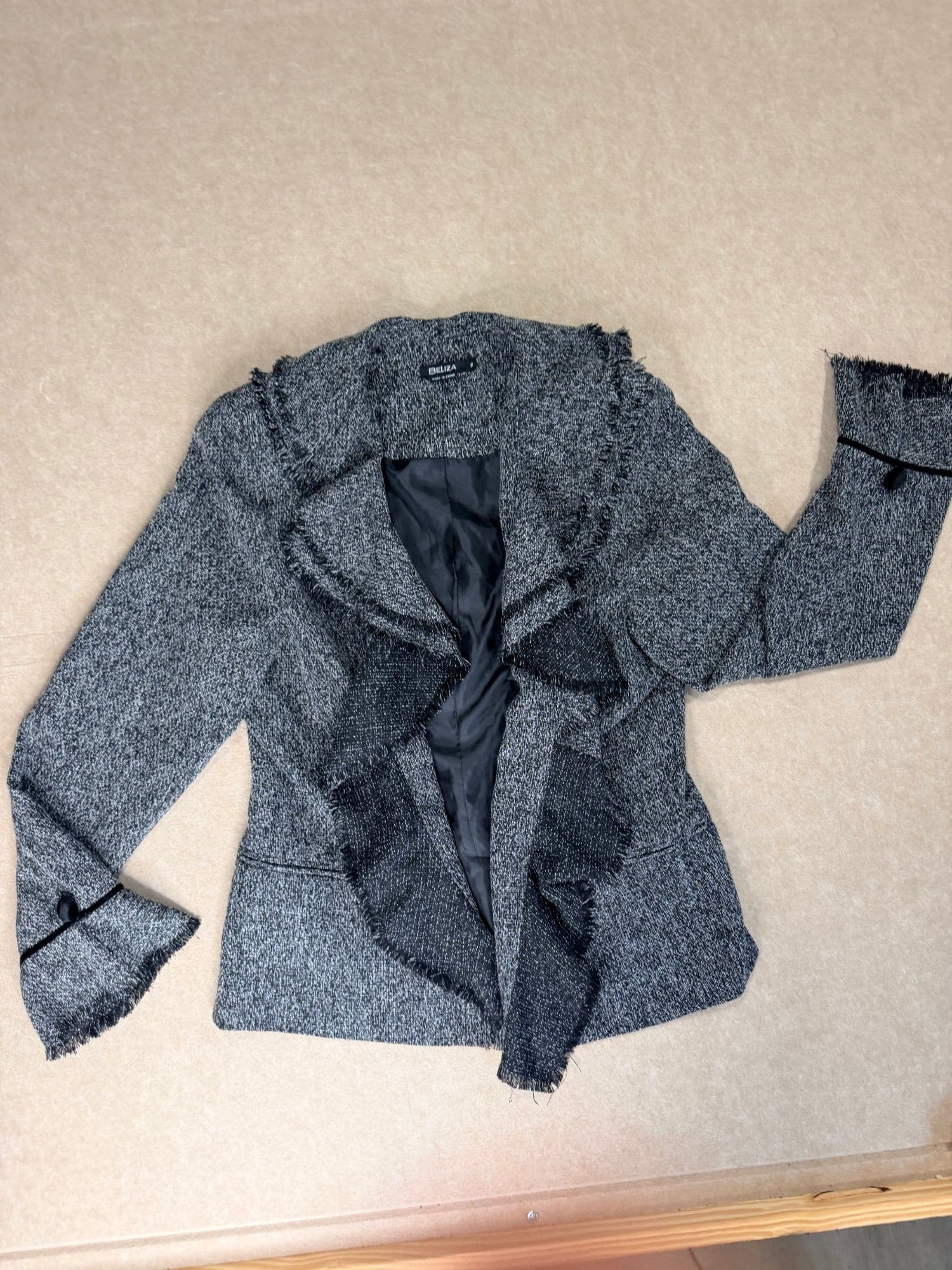 Beliza tweed open front jacket with fringe trim size 16